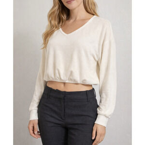 Cut & Paste Cropped Sweater Small Cream V Neck Long Sleeve Casual Stretch Top